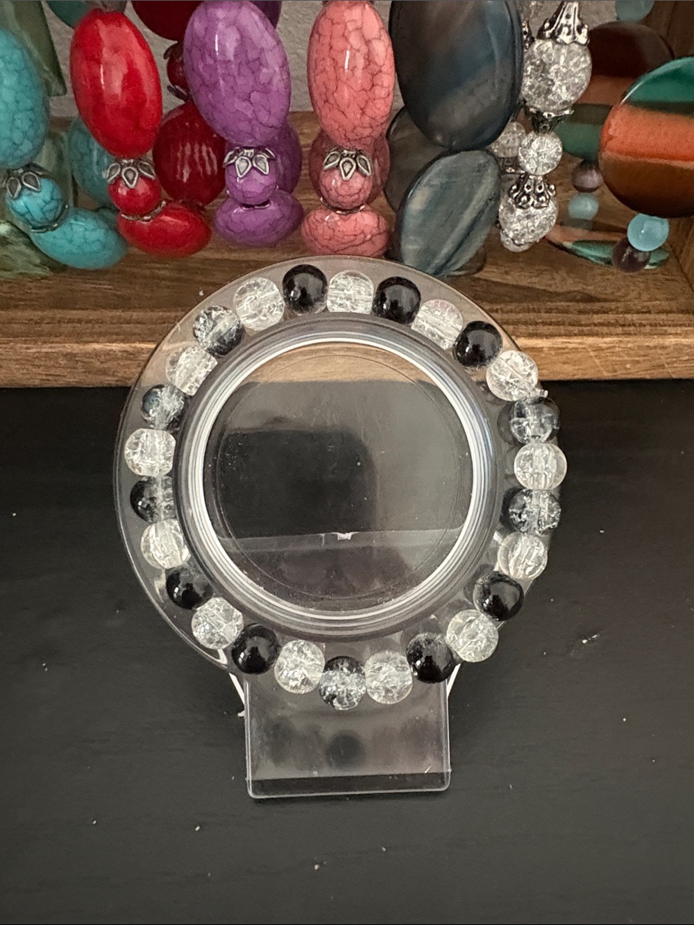 Handcrafted white and black glass beaded bracelet